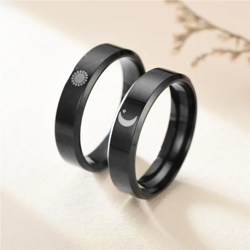 Fashion Simple Moon Sun Couple Rings for Lover's Black Stainless Steel jewelry Women Men Wedding Ring Valentine's Day Gifts