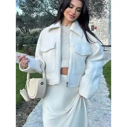 HXAO Autumn Winter Cropped Jacket for Women Fleece Outerwear Short Coat Tweed Jacket Zip Demi-season Jacket Woman New in Coats