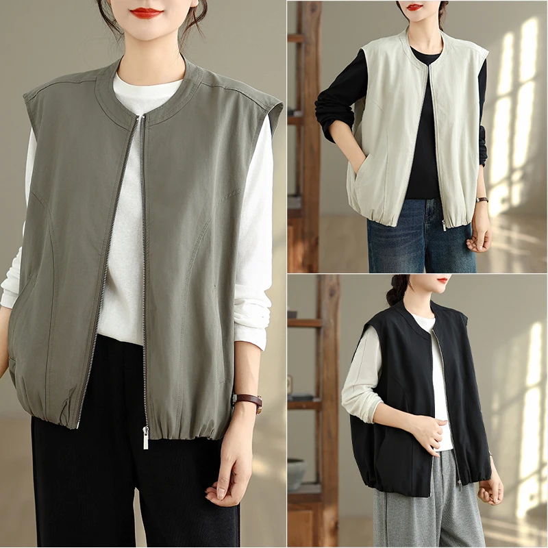 

Коврик для спецодежды, жилет, женская свободная многослойная верхняя одежда для похудения, осенний новый повседневный круглый топ на молнии