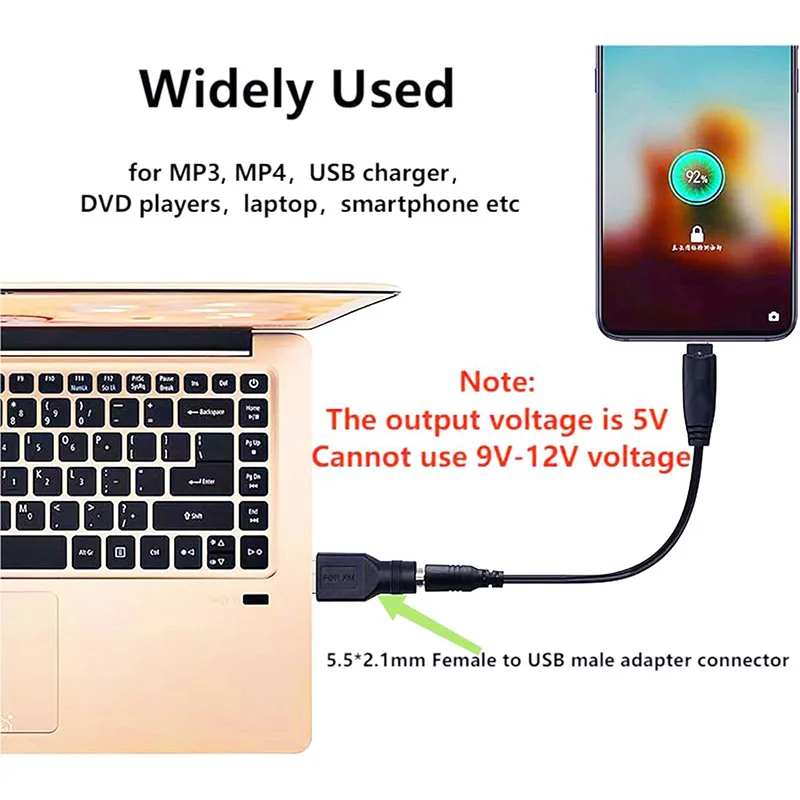 USB-A to DC 5.5x2.1mm Power Adapter Tip Cable, Male/Female DC Jack Connector for 5V