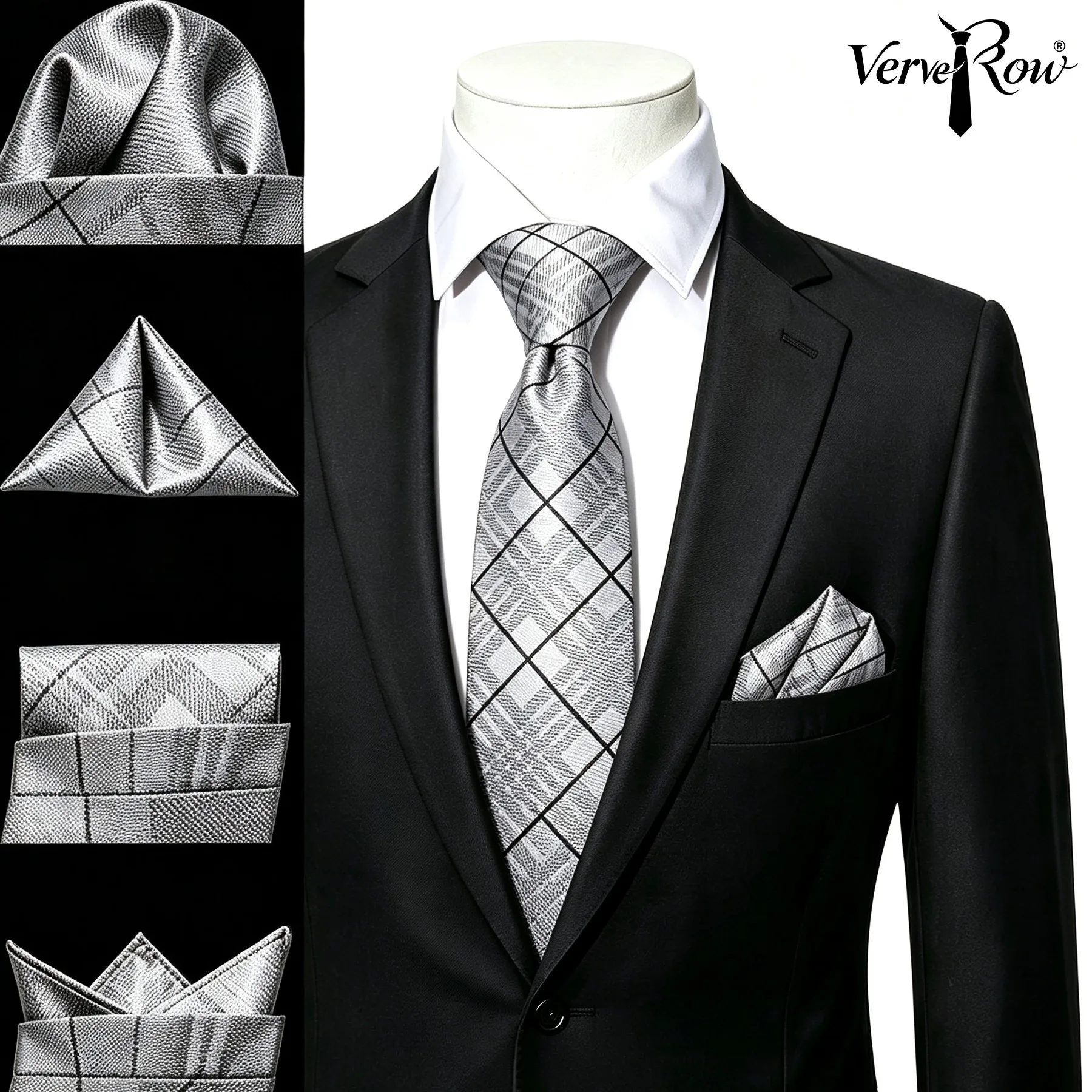 VERVEROW Light Gray Check Jacquard Necktie with Matching Pocket Square Men Formal Tie Handkerchief for Banquet Occasions