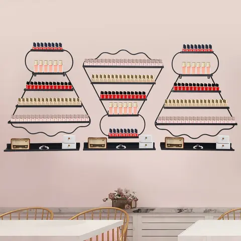 5-Tier Wall Mounted Nail Polish Racks, Nail Polish Shelves, Nail Polish Display Rack Iron Organizer with 3 Hanging Bars for Salon