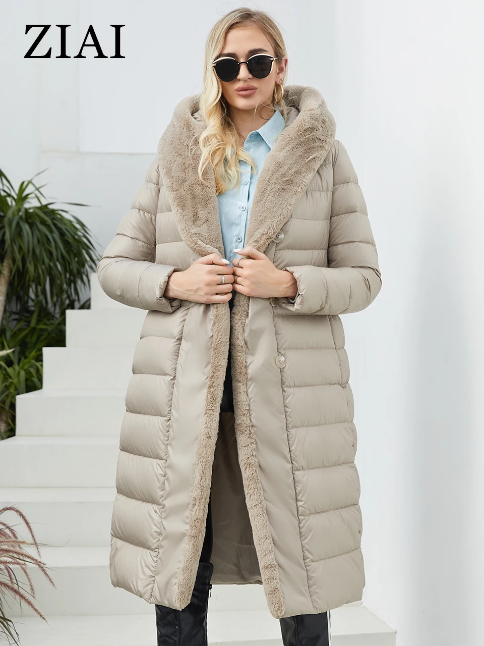 

ZIAI 2022 New Winter fashion Women's coat women long warm Jacket waistband with Rabbit fur Fur collar AR-7518