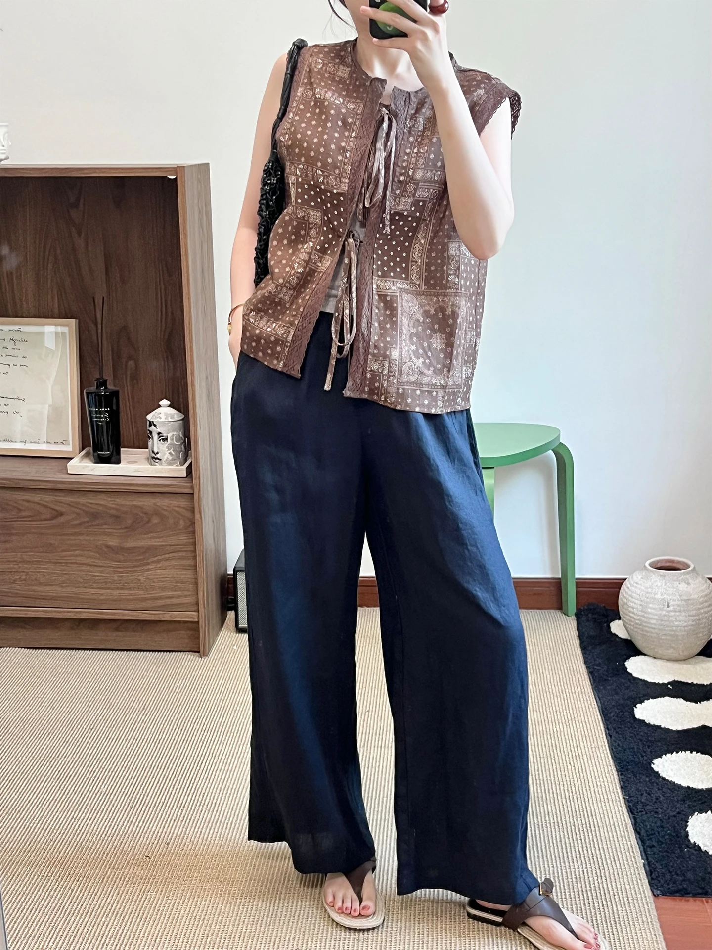 

Wini Pure Linen Straight Leg Casual Pants Women's Small Size Summer Korean Sle Simple High Waist Elastic Loose Trousers