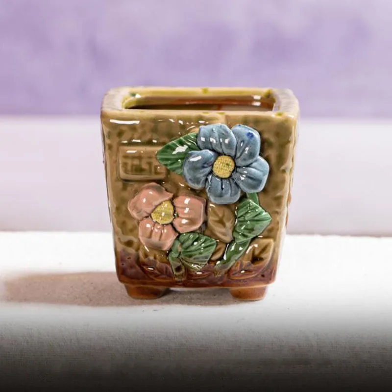 Porcelain Coloured Drawing Flower Pot Retro Handmade Crafts Plant Pot Square Shape Vase Desktop Ornaments Home Decor