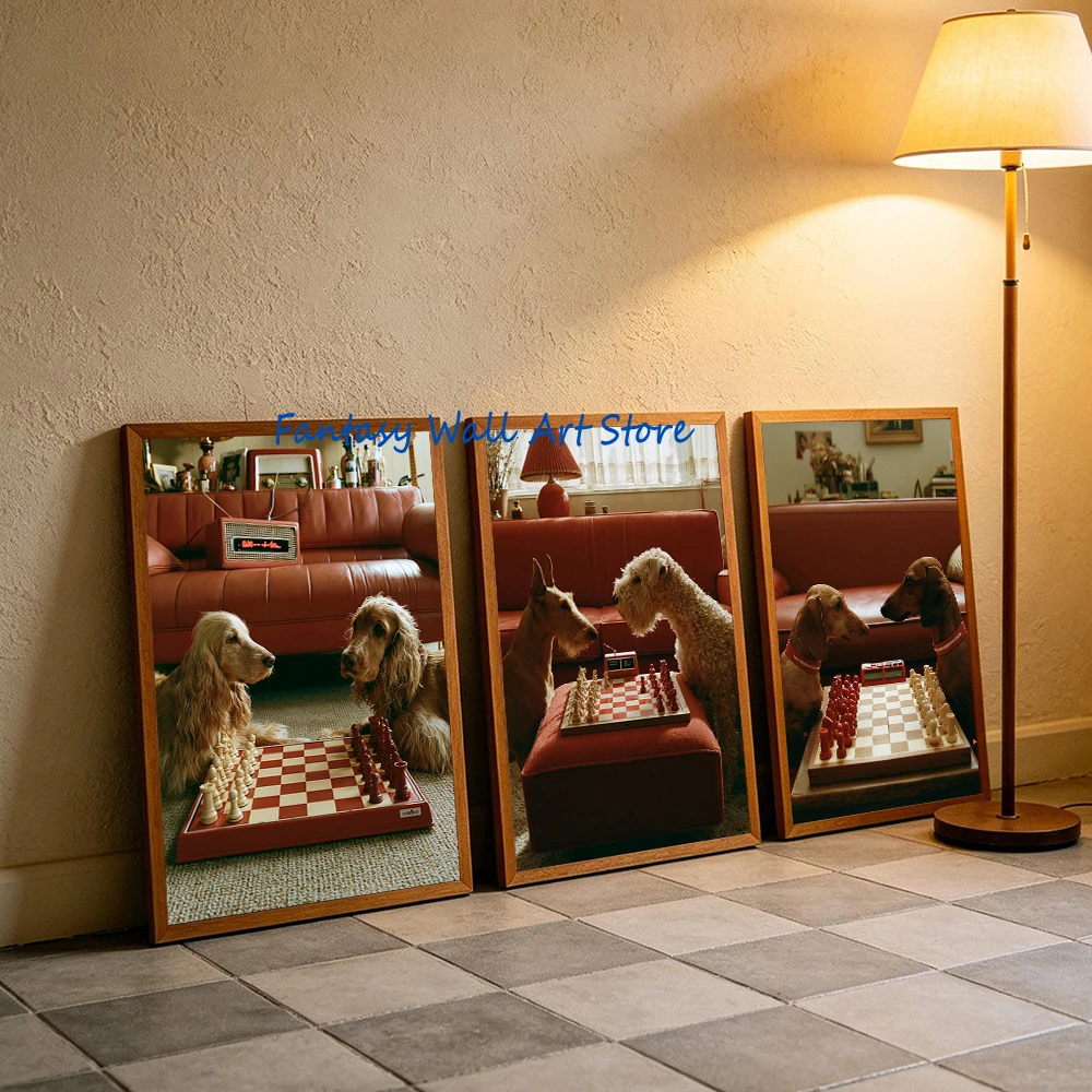 Dogs Playing Chess Cocker Spaniel Funny Retro Chess Mid-Century Modern Dogs Poster Canvas Painting Wall Pictures Home Room Decor