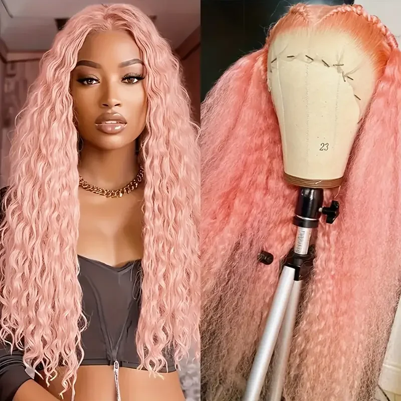 

Light Pink Highlights Deep Wave 13x4 Lace Front Wig for Women Heat Resistant Synthetic Hair,Parties, Cosplay 가발코스프레