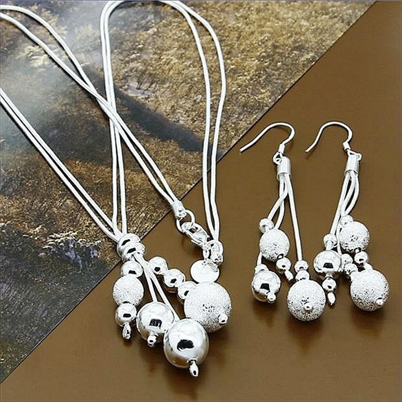 

925 Sterling Silver 2pcs Sets Frosted Smooth Beads Earrings Necklace For Women Fashion Wedding Party Jewelry Set