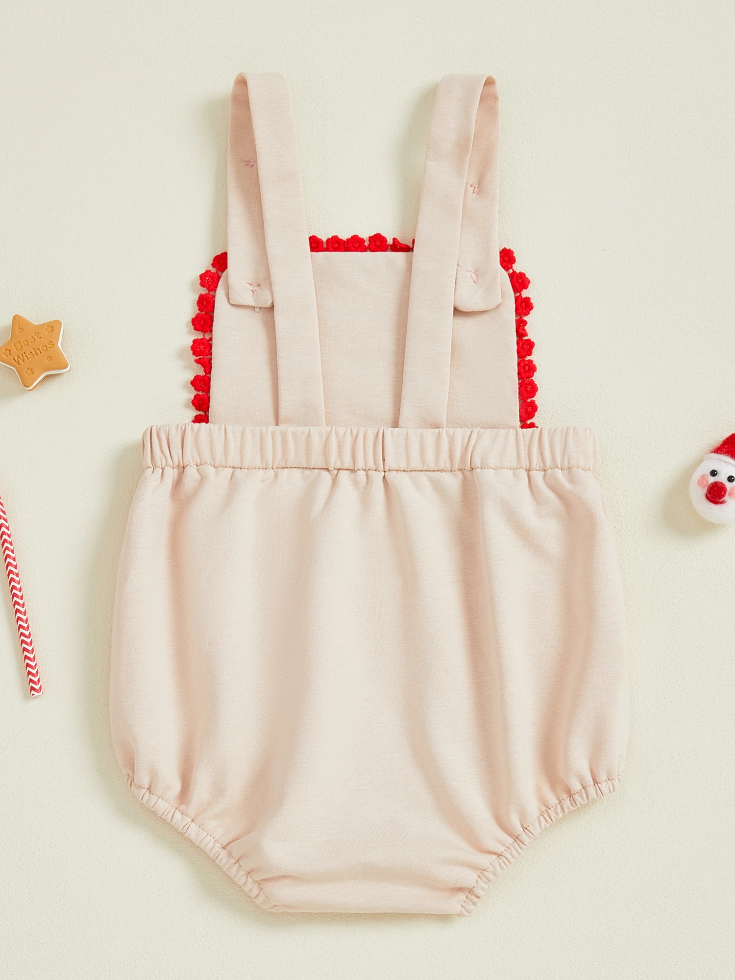 소매가 없는 자수 장식의 진저브레드맨과 축제 글자가 있는 크리스마스 유아 여아 롬퍼는 일상복으로 적합합니다.