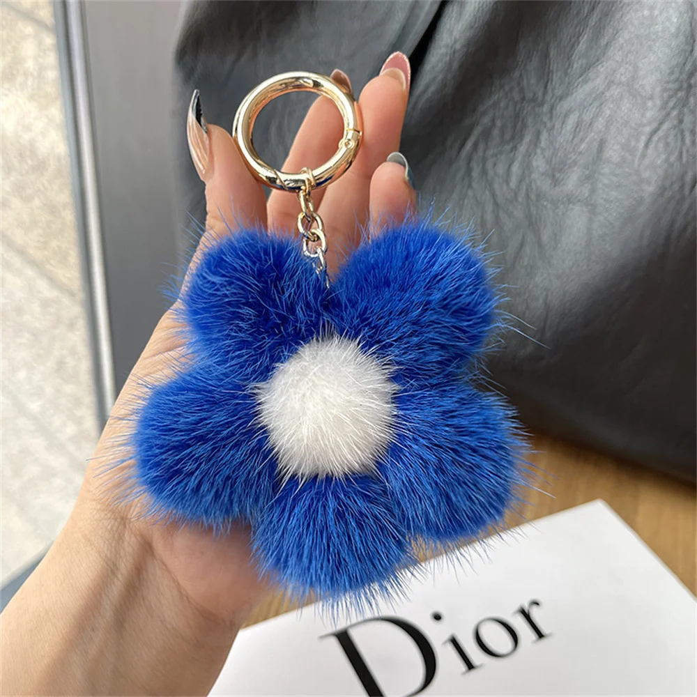 Cute Mink Fur Sunflower Pendant Keychain Real Mink Fur Sunflower Doll Charm Yoys Ornament Keyring Jewelry Pompom Pendant Gifts