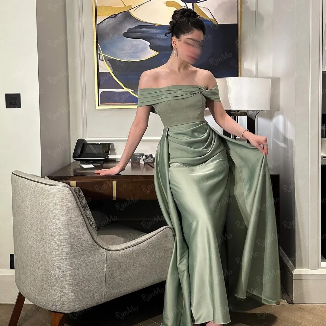 Sukienka wieczorowa Ranmo, zielona, na ramiączkach, z plisami, formalna, satynowa, syrenka, długa, na wesele, dla gościa weselnego, z odpinanym trenem.