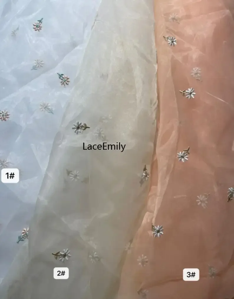 1 yard White floral embroidered organza Fabric , Flower organza tulle for Girl Dress, wedding Dress, Summer , Shirts 51