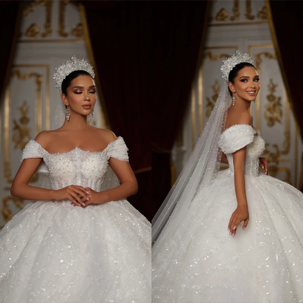 Luxury Lace Crystal Bead Decoration Wedding Dress Sexy Off The Shoulder Robe De Mariée Bridal Gown Vestido De Novia Customized