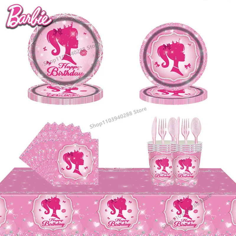 Fournitures de fête Barbies Britware pour enfants, dessin animé mignon, princesse rose, décoration de fête d'anniversaire, tasse, serviettes, assiette, cadeaux