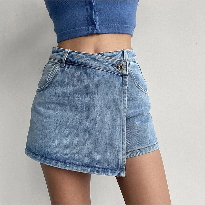 Drunk Sugar New Light Wash High Waist Denim Skort Women Fake Two Piece A-Line Slim Flattering Mini Skirt Shorts
