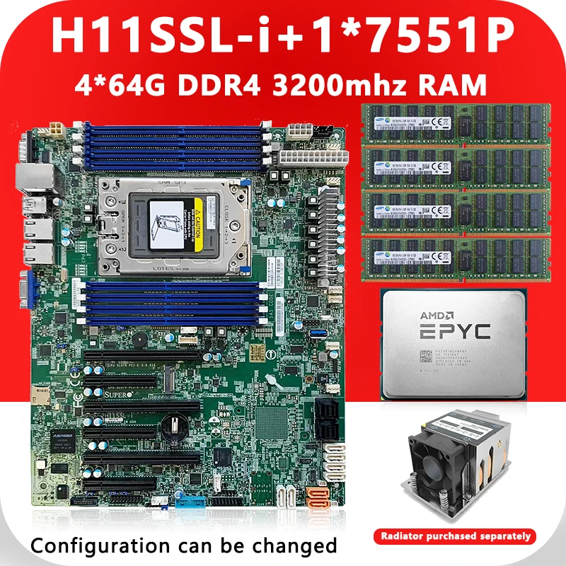 H11SSL-i  Motherboards +1*EPYC 7551P CPU 32C/64T 180w + 4* 64GB=256GB RAM DDR4 3200mhz RECC Memory 7551P Processor FOR H11SSL i