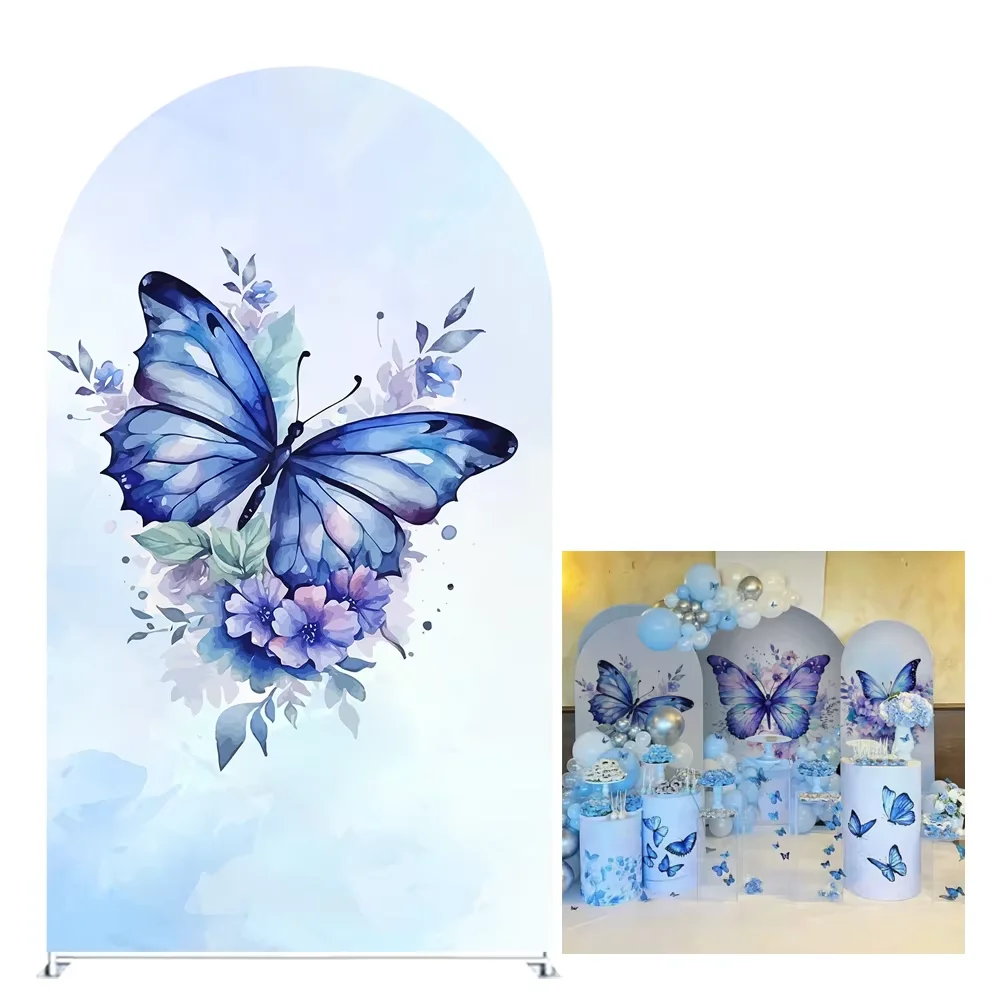 Mehofond Blue Purple Butterfly Arched Backdrop Covers for Girl Birthday Party Arch Cover Baby Shower Portrait Decor Background