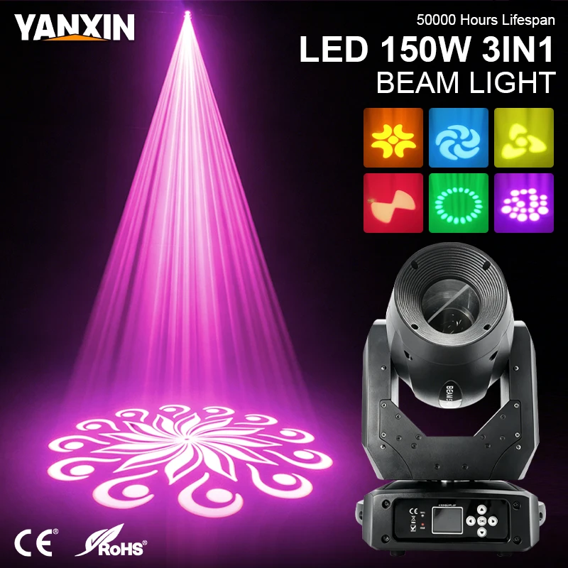

150W LED Moving Head Light Rainbow Effect 7 Colors + White 10 Patterns 3 Prisms Dmx Stage Light for Disco Bar Wedding Party KTV