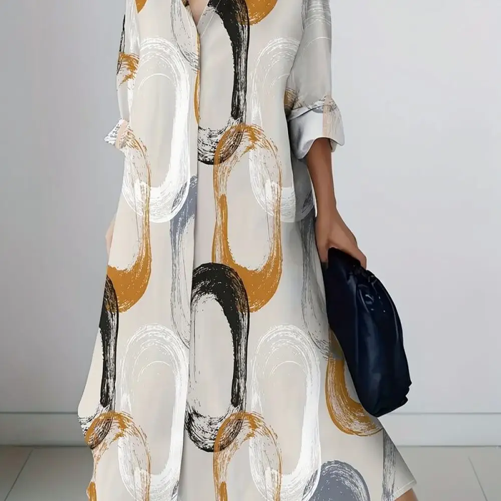 Plus Size Women Dress Long Sleeve V Neck Floral Print A Line Loose Casual Elegant Spring Fashion Comfortable Midi Party Vestidos