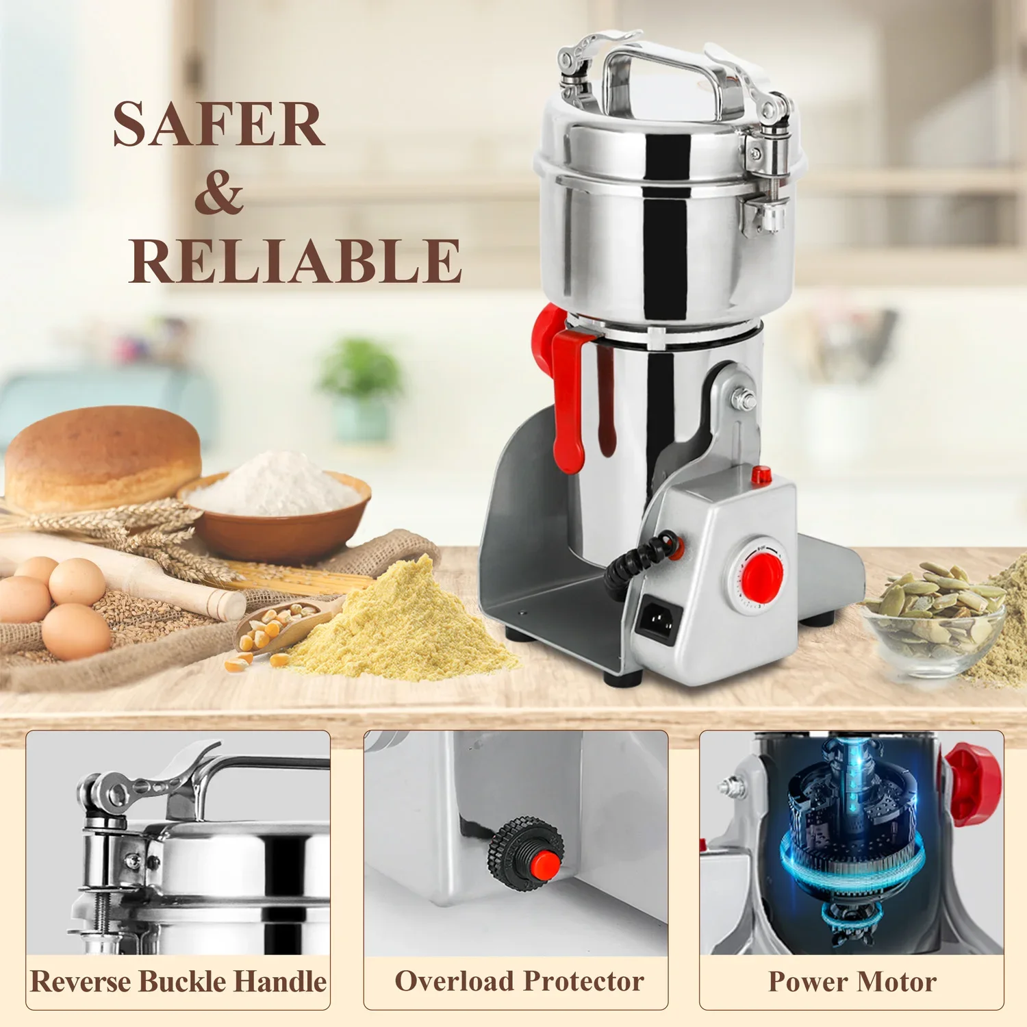 750g Electric Grain Mill Grinder Spice Commercial 2500W 110V Superfine Powder Grinding Pulverizer Stainless Steel Machine