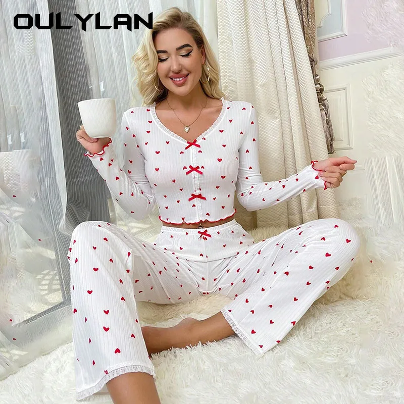 Elegant Pajamas White Ribbed Print Pants Sets Pajamas Women Knitted V-Neck Loose Tops Autumn Elastic Long Pants Sleepwears