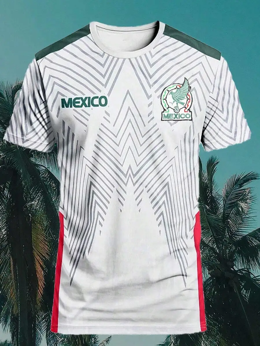 

Geometric Pattern Men's Short Sleeve Sporty Top - White with Gray Lines & Red Side Stripes