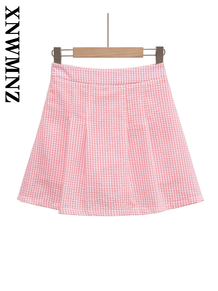 

XNWMNZ 2025 Summer New Woman Party Fashion Ruched A-lineskirt Simple Woman's Pink Skirt Casual Plaid mini