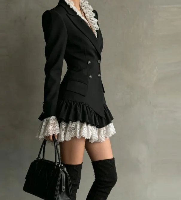 Vintage Victorian Lace Blazer Dress Double Breasted Ruffle Hem Long Sleeve Short Dress For Party Dating Club Streetwear
