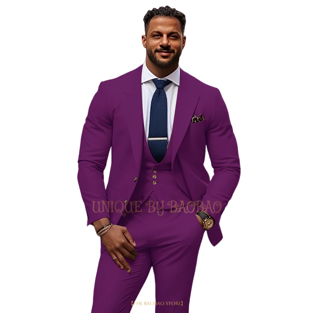 Men purple 3-piece suit single-breasted peak lapel blazer date wedding ball summer barbecue party formal meeting custome tuxedo