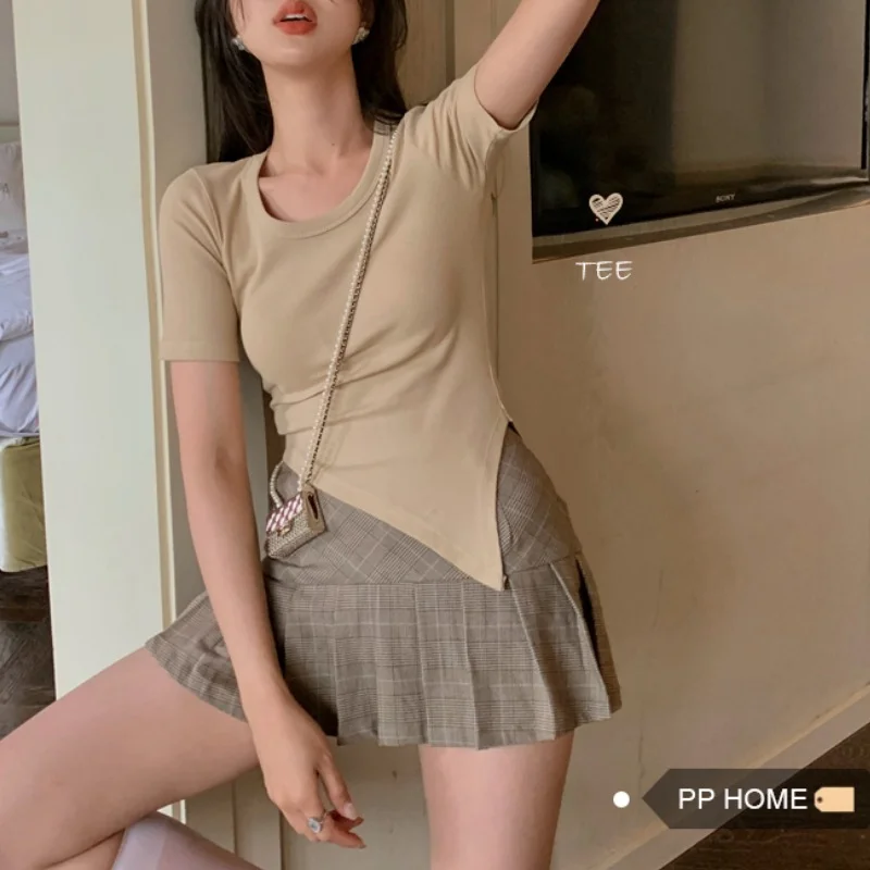 Women Simple Irregular Split Round Neck Short Sleeve T-shirts 2024 Summer Slim Solid Color All-match Sexy Tops Female Streetwear