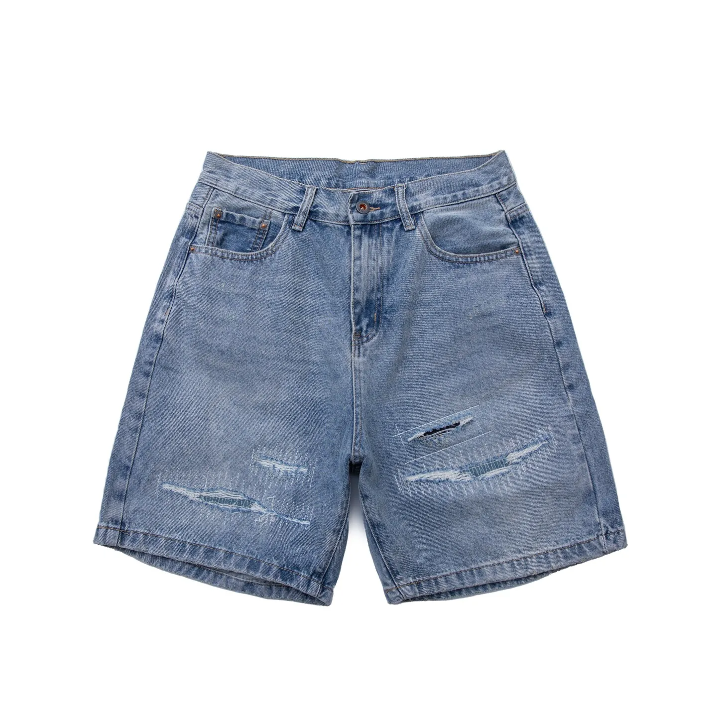 

Summer New Trendy Five Quarter Pants American Ripped Patch Loose Light Blue Straight Leg Denim Summer Shorts