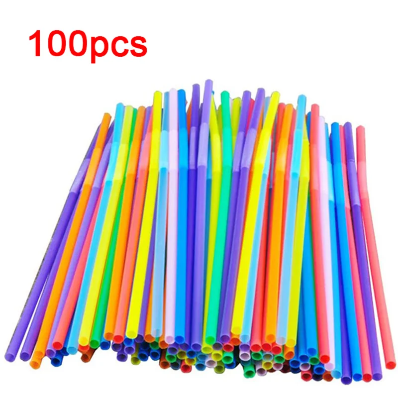Pajitas desechables de plástico para cocina, coderas de colores para Bar, fiesta, evento, suministros flexibles, para beber cócteles, 100