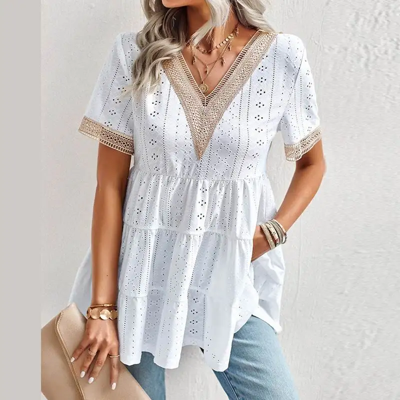 

Летняя женская блузка с кружевом, вырезом V-образной формы, завышенной талией и эффектом утягивания, средней длины, в стиле «девчата»