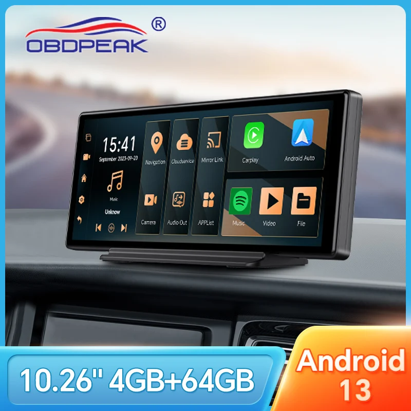 OBDPEAK K50 10.26'' Dashboard 4G+64G Android 13 AI Screen Dash Cam GPS Navigation Carplay Android AUTO Dual Lens Video Recorder 