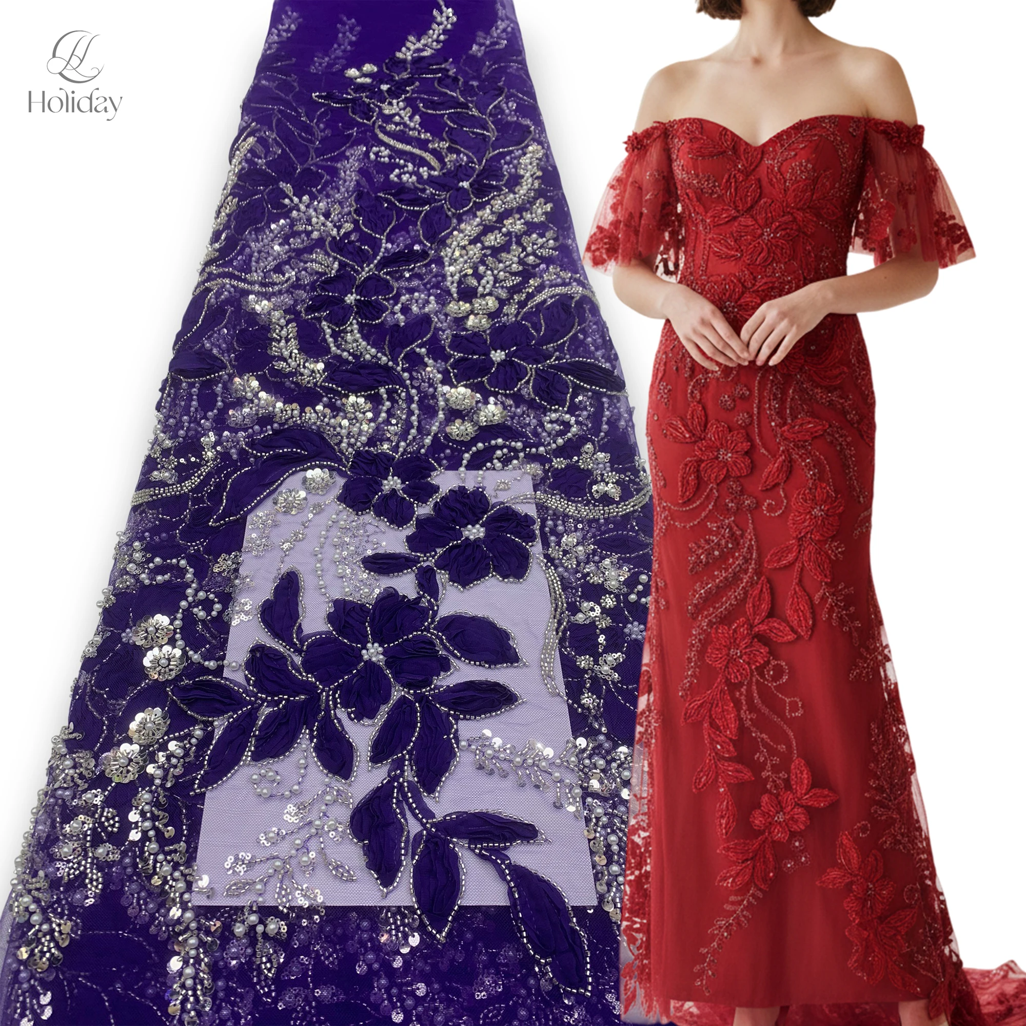 

Роскошная ткань с цветочной вышивкой, пайетками и бисером, 3D-кружевная отделка с цветочным узором для вечерних платьев и свадебных нарядов