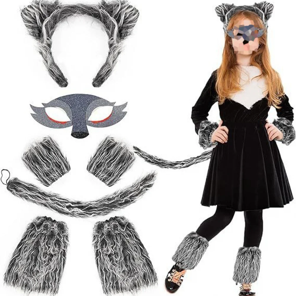 Wolf Ear Headband Tail Skirt Mask Suit Wolf Cosplay Costumes for Kids Girls Birthday Gift Halloween Animal Supplies