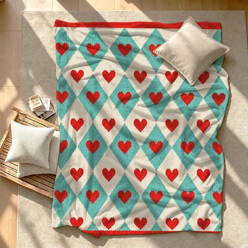Retro Heart Argyle Pattern Throw Short Plush Throw Blanket Soft Skin-Friendly Multi-Scene Home Office