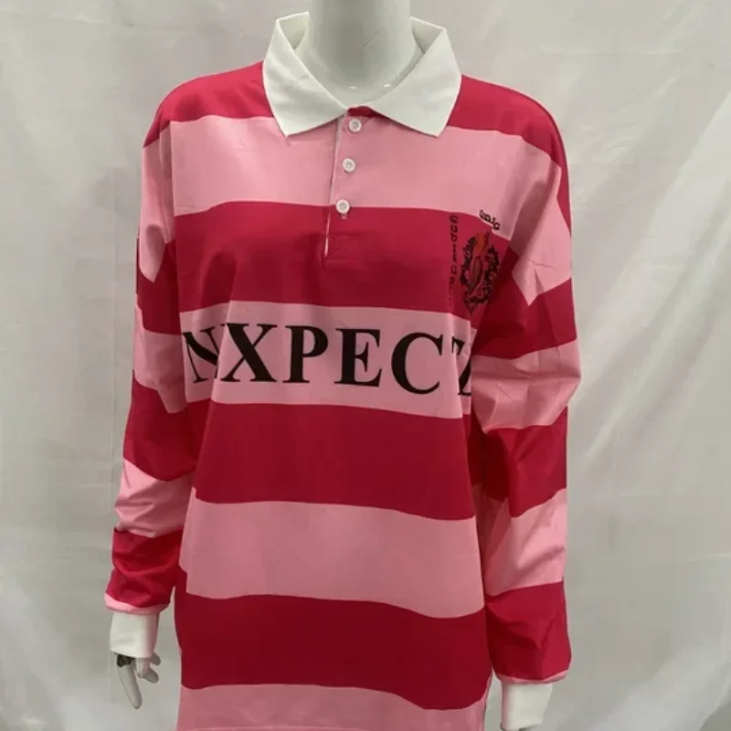 

Мужские и женские топы в полоску с контрастными лацканами и буквенным принтом, осень-зима, уличный свободный повседневный пуловер с длинными рукавами в стиле ретро, толстовка