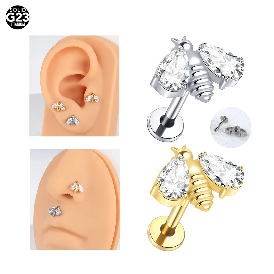 1Pc G23 Titanium Internal Thread Ear Tragus Piercing Helix Ear Studs Earrings for Women Crystal Moon Butterfly Labret Piercing