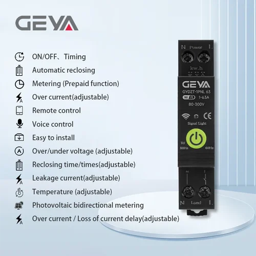 Imagen 1 del producto GEYA Tuya Disyuntor WiFi inteligente (220V 63A MCB): protección dual de voltaje y corriente, montaje en carril DIN, aplicación remota Ctrl
