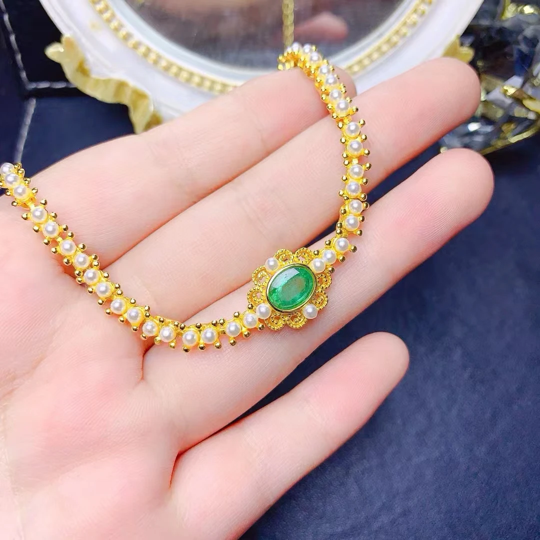 

Fine Jewelry Natural Emerald Women's Bracelet S925 Pure Silver Exquisite Inlaid High Clarity Gem Support Testing Party birthday