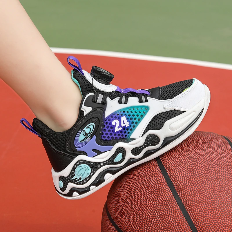 Spring/Summer Basketball Shoes Children's Sports Shoes Boys' Trendy Breathable Shock Absorbing Rotating Button Running Shoes