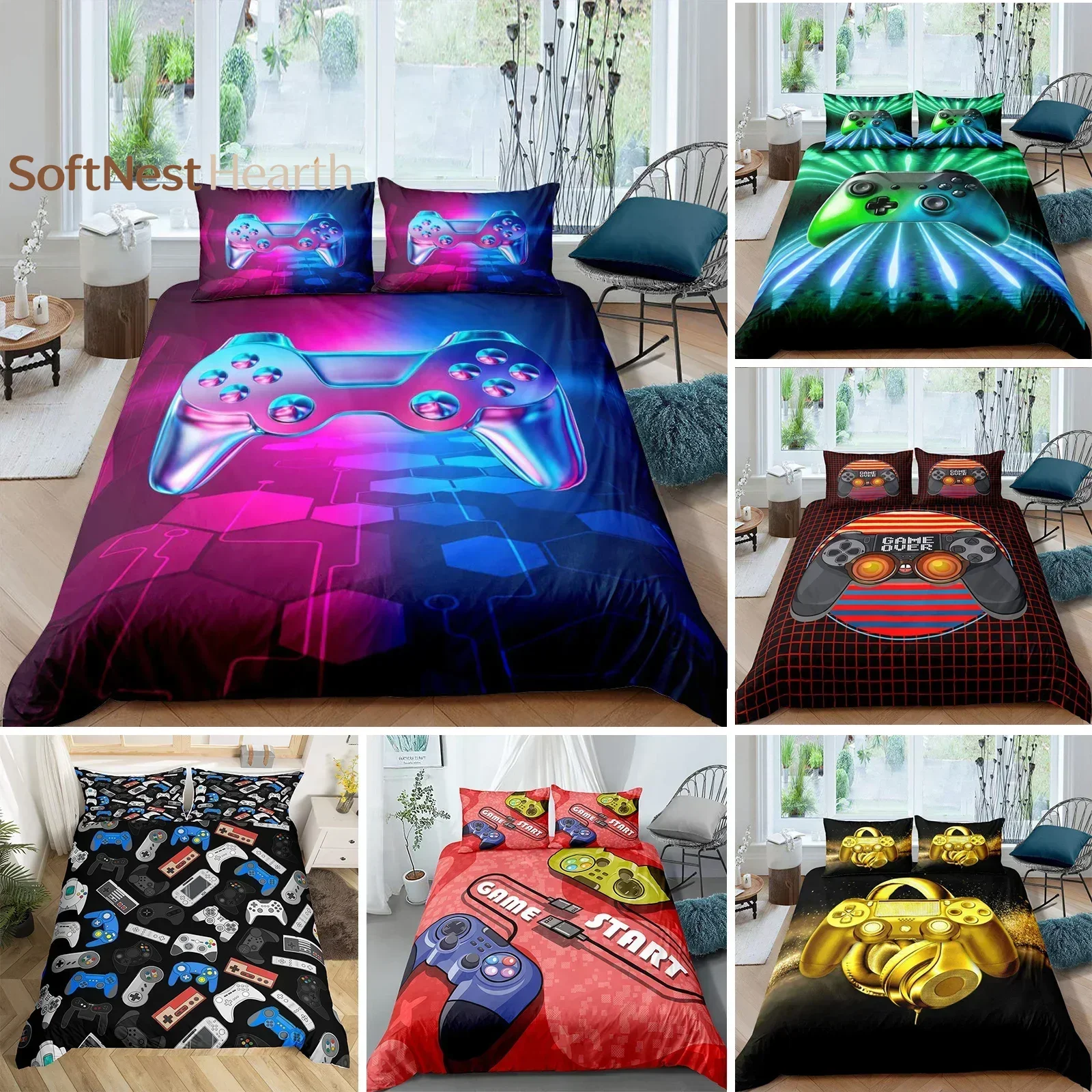 2026 Teen Gamepad Duvet Cover Modern Gamer Comforter Cover Queen Video Game Bedding Set Player Gaming Joystick Polyester Quilt C