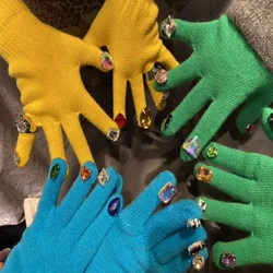 Guantes de lujo para mujer y hombre, manoplas con diamantes, gemas, arte de uñas, punto de diamantes coloridos, guantes gruesos y cálidos