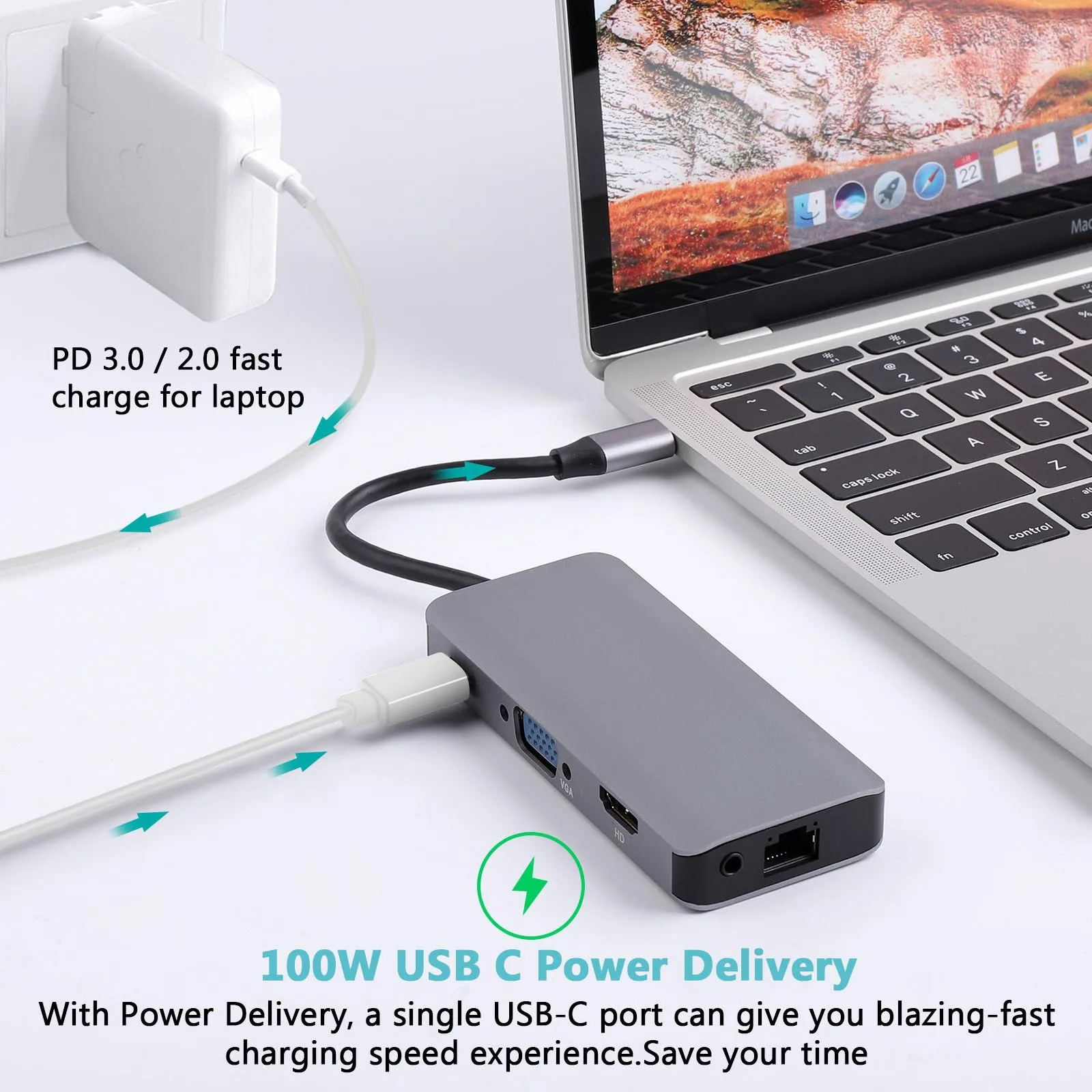 الهاتف المحمول Type-C إلى HDMI محول الكمبيوتر المحمول 9 في 1 محطة إرساء USB3.0 قارئ بطاقات مهايئ توزيع