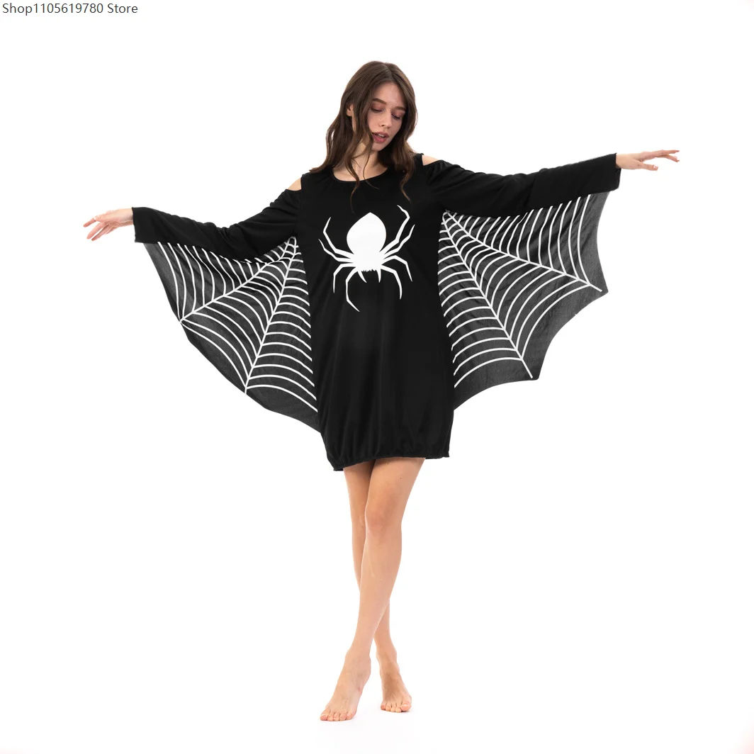Spider Web Wing Cosplay Dress Women Cold Shoulder Long Sleeve Loose Tunic Outfit Halloween Dress Up Costume Performance Wear