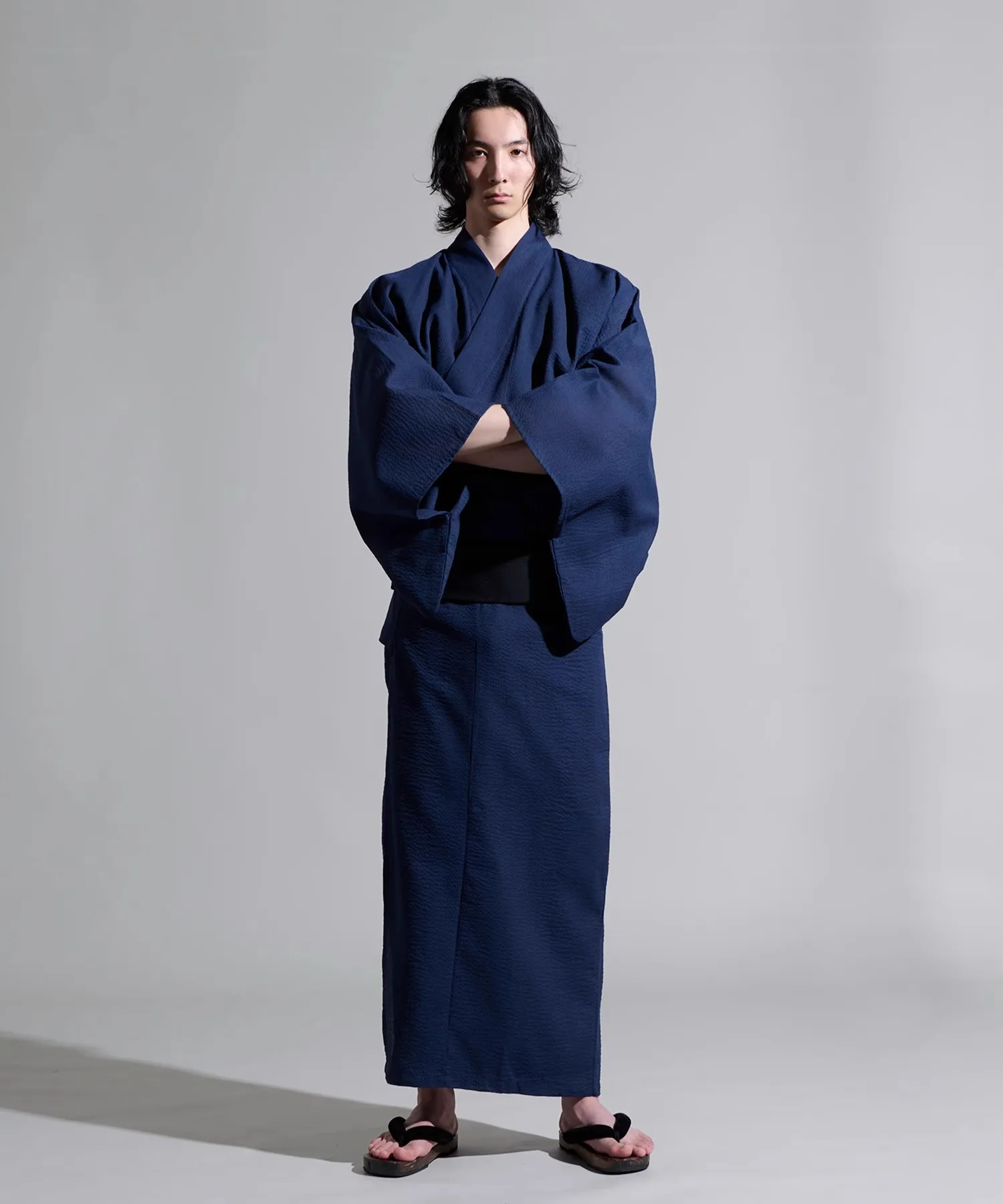 

Japanese Men's Yukata Set - Traditional Samurai-style Kimono in Navy Blue, Hanakuso Summer Festival Attire