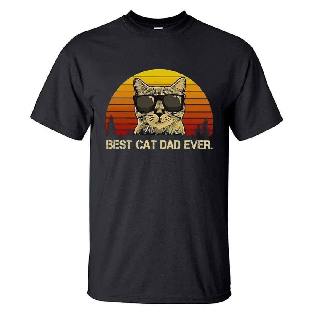 Fashion Tops Animal Cat Cute Unisex Tops Pure Cotton Tshirts Funny Cats Print Male Tee Best Cat Dad Ever Balck Tee Shirts Men