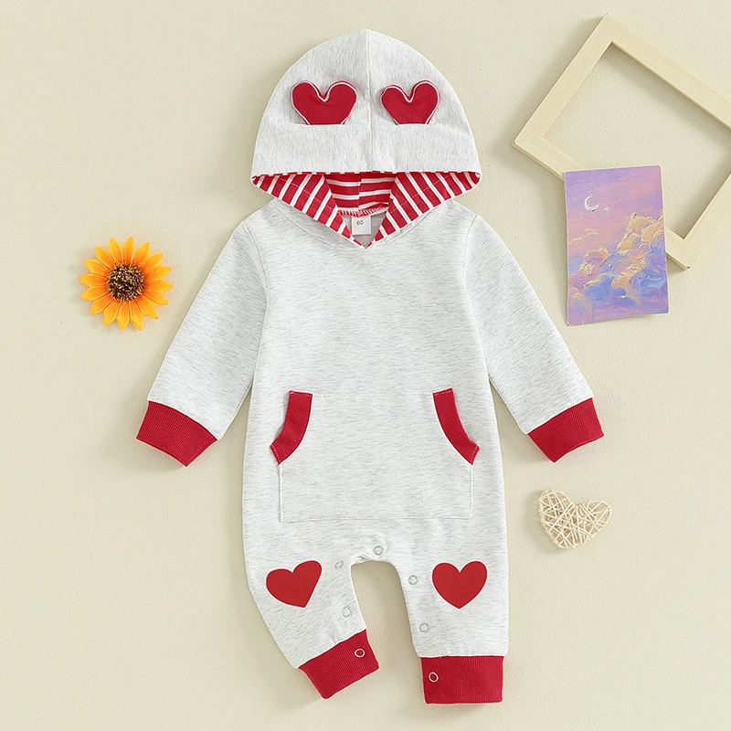 

2023-11-10 Lioraitiin 0-12M Kid Baby Girls Valentine's Day Clothes Gray Long Sleeve Heart Print Hooded Rompers Jumpsuits