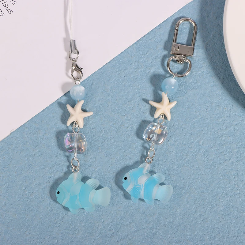 Y2K Blue Sea Fish Starfish Phone Charms Pendant Cute Bead Handmade Sweet Girl Keychain For Bag Camera Hanging